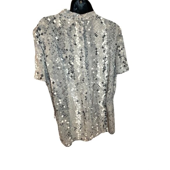 Covington Gray Patterned Ruffle Front Short Sleeved Blouse Sz L - Picture 3 of 7